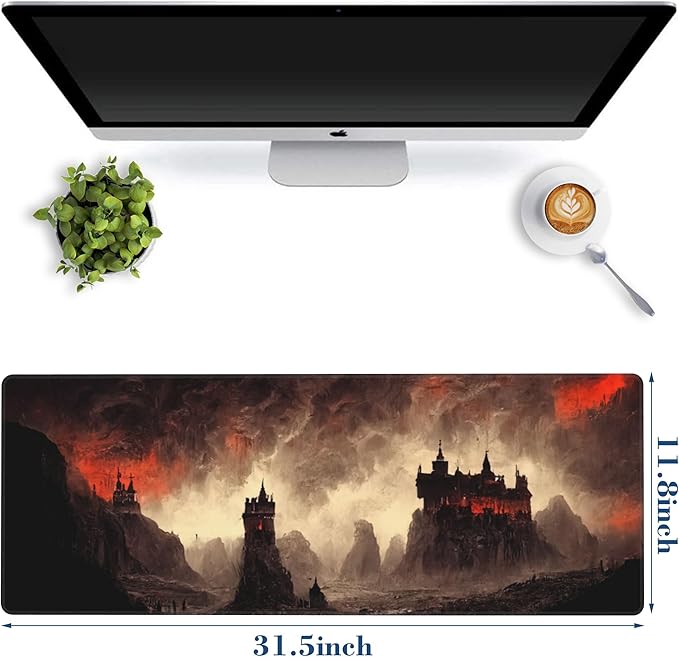 Large Gaming Mouse Pad for Desk Dark Castle Big Desk Mat Extended Mousepad with Stitched Edge and Non-Slip Base Long Computer Keyboard Mouse Mat for Home Office Work, 11.8 x 31.5 Inch