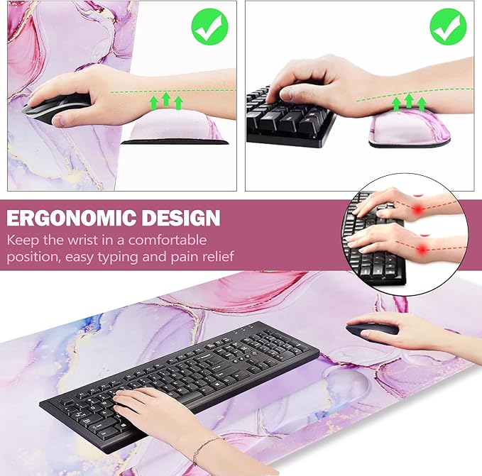 ARTSO Large Gaming Mouse Pad, Keyboard Wrist Rest Pad & Wrist Support Mousepad Set, Stitched Edge, Extended, Non-Slip Base, Memory Foam,Multifunctional Desk Mat for Office & Home, Purple Pink Marble