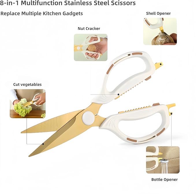 Kitchen Shears Scissors Food Scissors, 8-in-1 Multifunction Japanese Stainless Steel Meat Shears, Dishwasher Safe Sharp Shear All Purpose with Comfort Grip, Ideal for Everyday Use-White