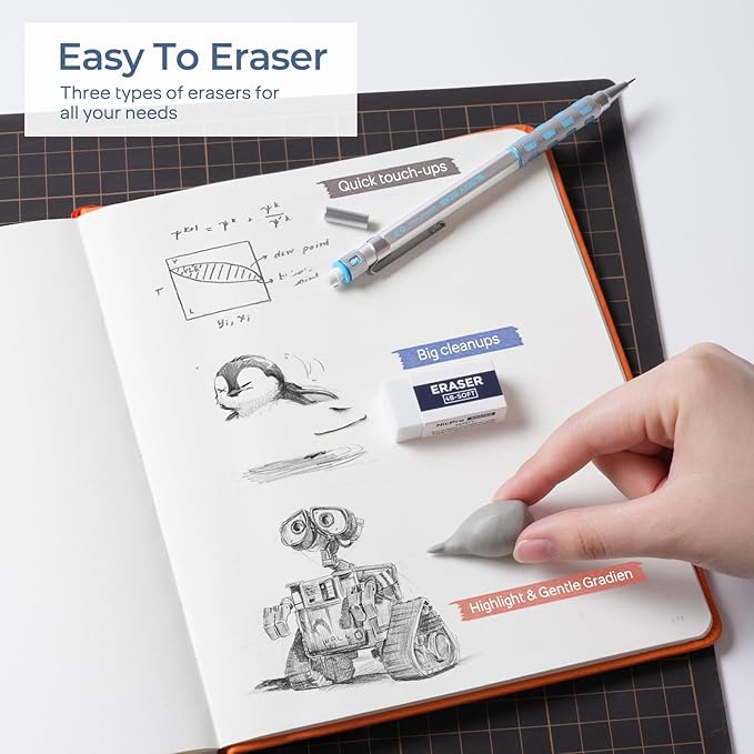 Nicpro 4 Pack Blocky Gear 0.3, 0.5, 0.7, 0.9 mm Metal Mechanical Pencils Set with Case, Lead Drafting Pencil with 8 Tube Lead Refills(HB 2B), Erasers, Eraser Refills for Art Writing Sketching Drawing