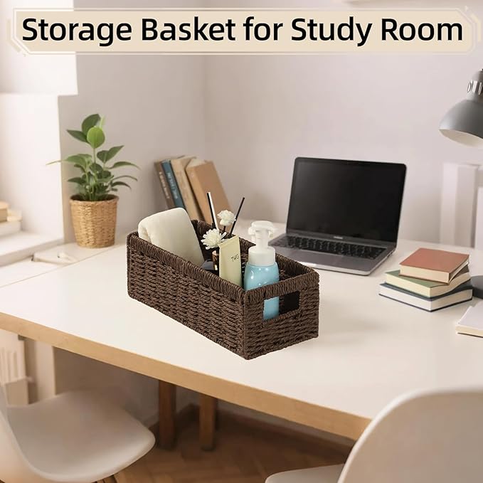 Paper Rope Wicker Baskets with Handles, 2 Pack Storage Basket, Rectangle Wicker Basket, Small Wicke Baskets for Organizing Shelves, Toilet Paper Storage Basket for Bathroom, Brown