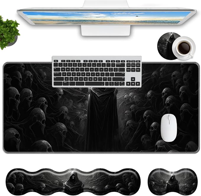 Keyboard Mouse Pad Set,Large Mouse Pad+Keyboard Wrist Rest+Wrist Support+Coaster,31.5x11.8in Extended Desk Mat for Computer Laptop Office Home-Spectre