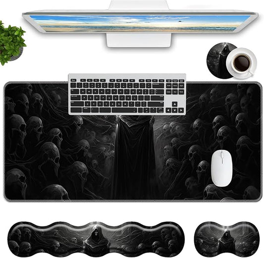 Keyboard Mouse Pad Set,Large Mouse Pad+Keyboard Wrist Rest+Wrist Support+Coaster,31.5x11.8in Extended Desk Mat for Computer Laptop Office Home-Spectre