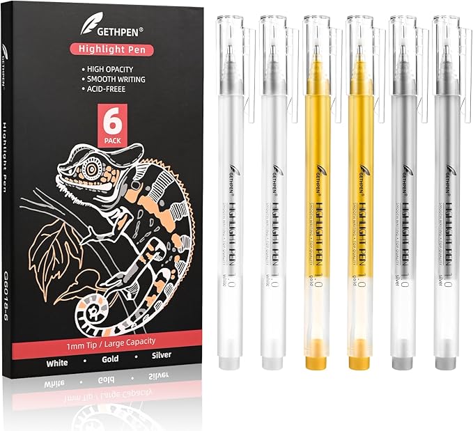 Gold Silver White Gel Pens, 1mm Fine Point Gel Ink Pen Opaque Archival Ink Pens for Black Paper Drawing, Sketching, Illustration, Card Making, Bullet Journaling, 6 Pack