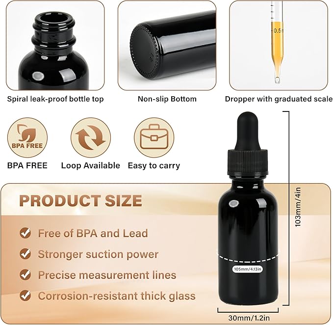 6 Pcs, 1oz Dropper Bottle, Black Glass Eye Dropper Bottle,Tincture Bottles with Dropper, Leak-Proof Design, Stronger Suction, for All Kinds of Mixed Liquids