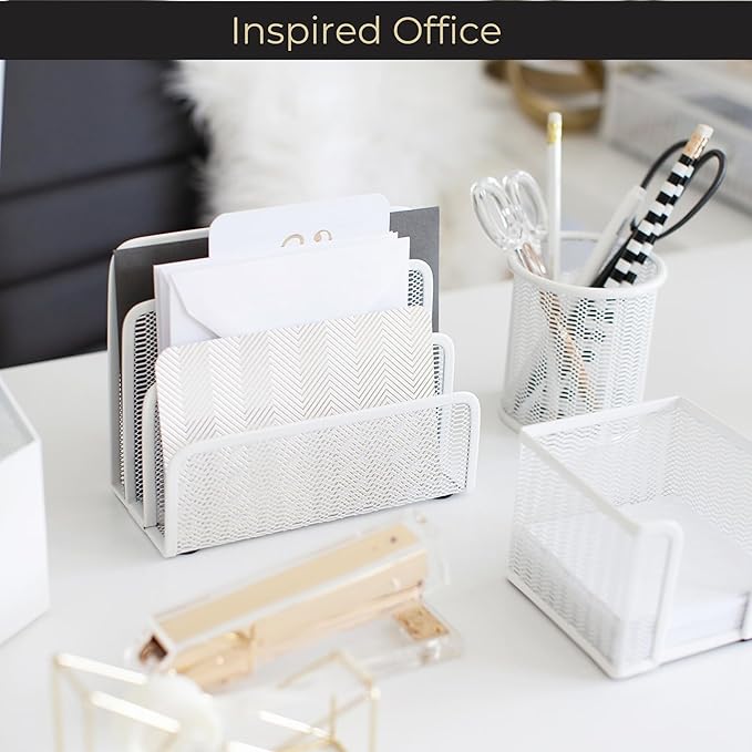 Blu Monaco White Metal Mesh Letter Sorter – 3-Slot Mail Organizer for Desk, Office & Home – Space-Saving Vertical Mail Holder for Envelopes, Documents & Files – Modern Desk Organizer