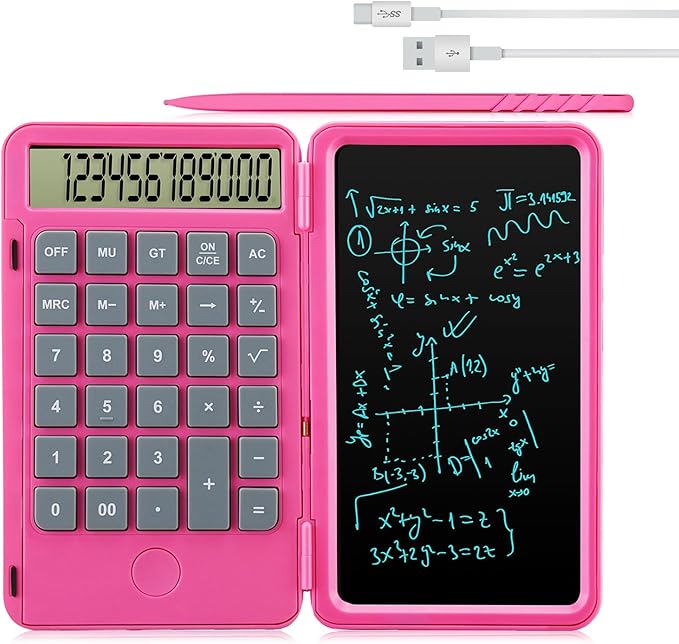 Hion Calculators,12-Digit Large Display Rechargeable Pocket Office Desktop Calculator with Erasable Wiriting Tablet,Mute Basic Desk Calculators with Doodle Pad for Student Home School,Pink