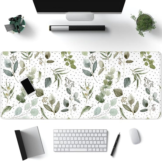 Green Mouse Pad Boho Desk Mat,Speckled Textured Greens Cool Aesthetical Mouse Pad Desk Accessories for Women Office Decor Mousepad Keyboard Pad, Non-Slip Rubber Base with Stitched Edges 31.5x11.8In