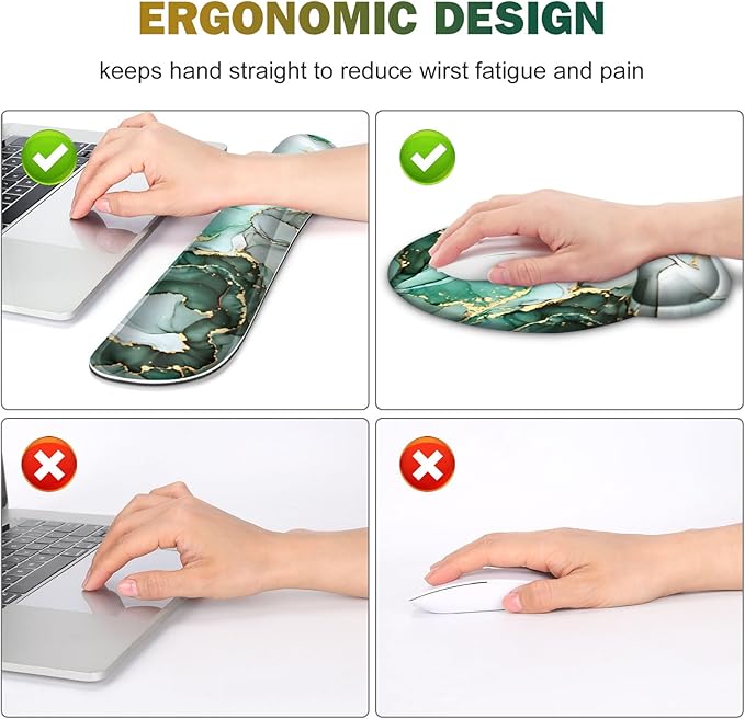 Gaming Mouse Pad, Large Desk Mat, Cute Desk Pad Protector, 4in1 XXL Mousepad + Keyboard Wrist Rest+Mouse Wrist Rest+Coaster Set with Ergonomic Desk Pad for Home Office PC Computer, Green Marble