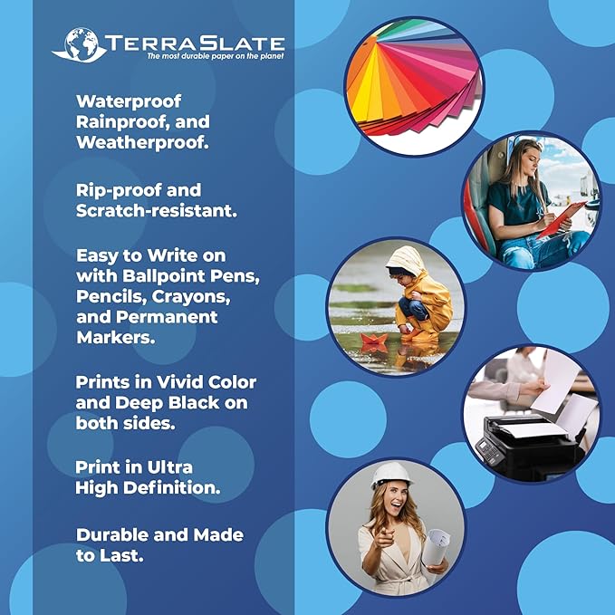 TerraSlate Waterproof Laser Printer Paper – Rip-Proof, Weatherproof, 5 Mil (24lb Bond), A4 Size 210 x 297 mm, 25 Sheets, White, Synthetic Paper for Outdoor Use