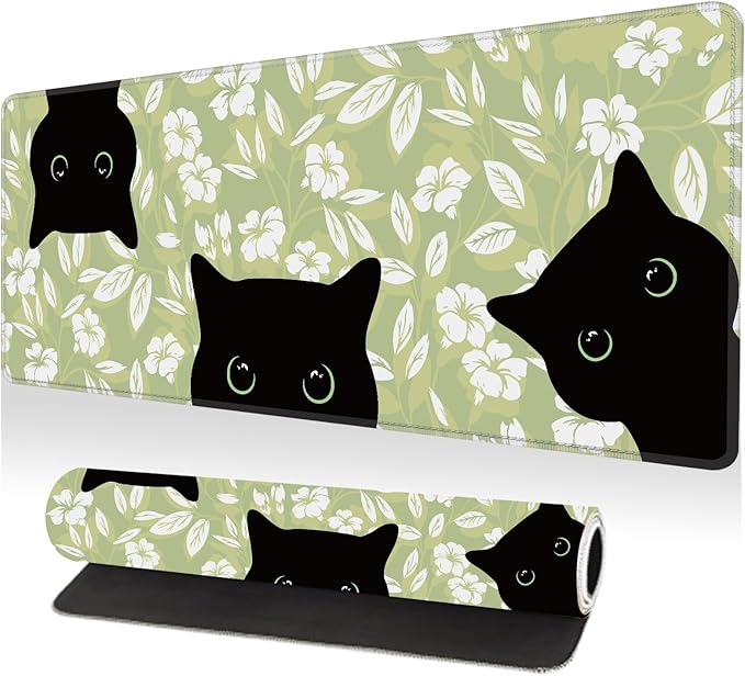 Large Desk Mat, Desk Matt for Desktop, Computer Gaming Mouse Pads, Anti-Slip Rubber Base, Stitched Edges Soft Mat for Desktop Office Home 31.5 x 11.8 Inches (Cute Green Leaf Cat)