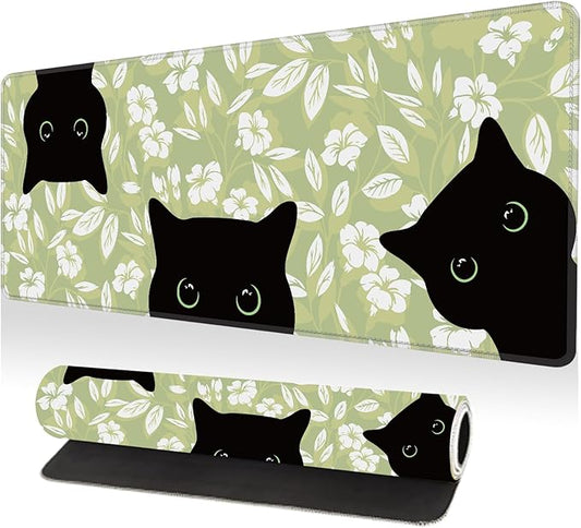Large Desk Mat, Desk Matt for Desktop, Computer Gaming Mouse Pads, Anti-Slip Rubber Base, Stitched Edges Soft Mat for Desktop Office Home 31.5 x 11.8 Inches (Cute Green Leaf Cat)