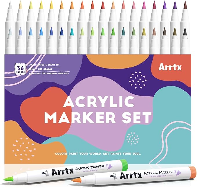 Arrtx Acrylic Paint Pens Basic Series 36D,Brush Tip Markers for Rock, Wood, Ceramic, Glass, Canvas, Metal, Plastic, Fabric, Stone & DIY Projects