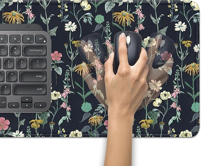 Dark Botanical Flowers Mouse Pad,Extended Black Plant Floral Mousepad Desk Pad with Stitched Edges,Non-Slip Waterproof Rubber Base Mouse Mat for Office Computer Keyboard Laptop Home(27.5x11.8 in)
