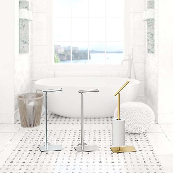 Gatco 1443B, Modern Rectangle Base Freestanding Toilet Paper Holder with Storage, 21.13”H, Brushed Brass