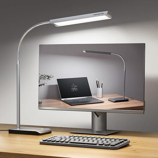 LEPOWER-TEC LED Desk Lamp, 12W Reading Desk Lamp for Office Home with 60 Lighting Modes, Touch Control & Timer Function, 750LM Bright Eye-Caring Gooseneck Desk Light Table Lamp for Study, Work, Silver