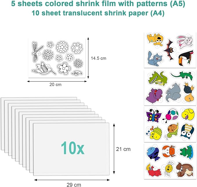 GOLDGE 218 Pcs Shrink Plastic Sheets Kit, for Kids and DIY Keychain Making Kit: 15 Plastic Sheets, Keychains, Hole Punch, and Pencils for Creative Crafts