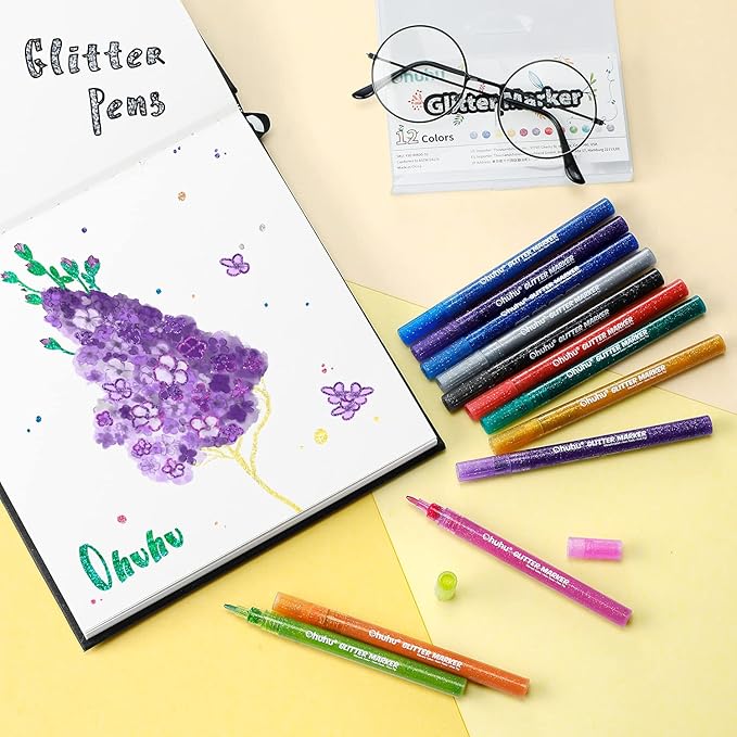 Ohuhu Glitter Markers Pen: 12 Glitter Colors Metallic Shimmer Marker Fine Tip Water-based Ink for Kids Adults DIY Crafts Greeting Birthday Cards Making Mugs Wood