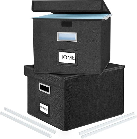 Huolewa File Organizer Boxes with Lids, Collapsible Linen Hanging Filing & Storage Boxes with Plastic Slide for Office/Decor/Home, Filling System for File/Folders/Document Storage -2 Pack