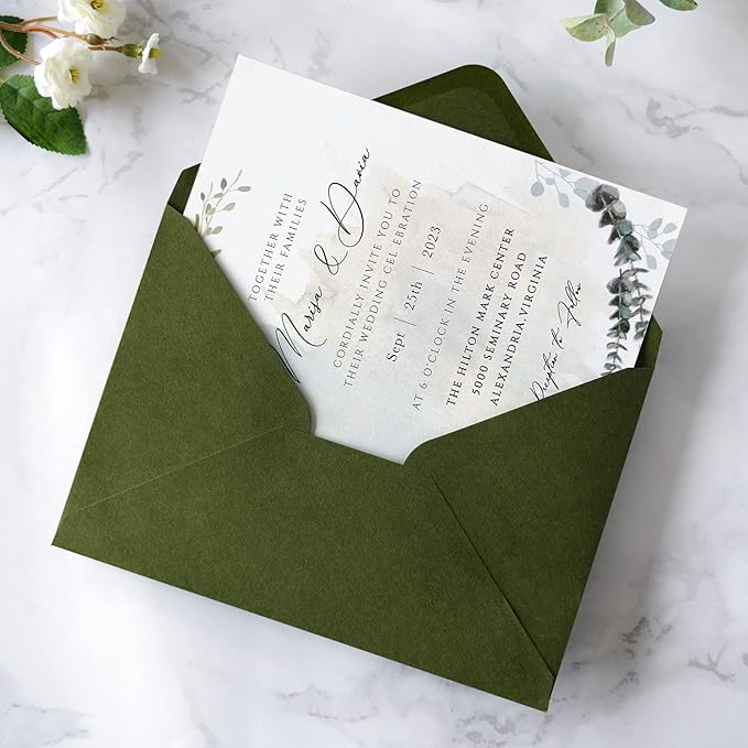 PONATIA 50 PCS/Pack A7 Envelopes, 5.25 x 7.28'' Olive Green Envelopes For 5x7'' Weddings Invitation Cards, Christmas Gift Cards, Acrylic Invitations, Photos and Any 5x7" Inserts