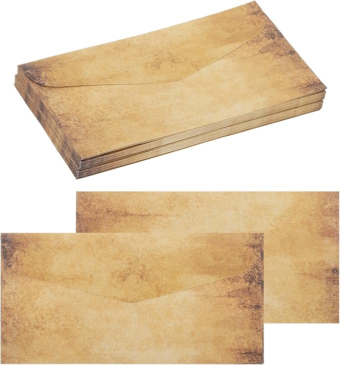 MECCANIXITY 48 Packs Envelopes Vintage Stationery Light Brown Spots Stationery Old Fashion Paper for Letter Writing, Invitations, Wedding-9 x 4 Inch