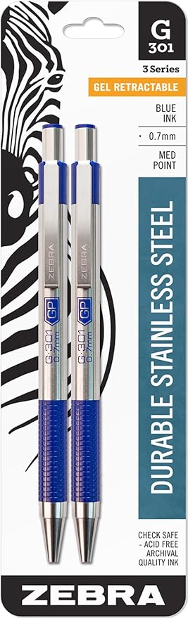 Zebra Pen G-301 Retractable Gel Pen, 0.7mm Medium Point, Stainless Steel Barrel, Ideal for Office Supplies, School Supplies & Teacher Supplies, Blue Ink, 2-Pack (41322)