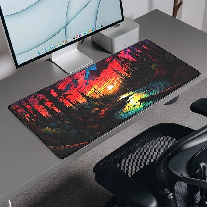 Colorful Clouds Sun Stream Forest Desk Pad Mouse Pad,Large Colorful Gaming Mouse Mat with Stitched Edges,Non-Slip Waterproof Rubber Base Mousepad for Office Work Home Desk Mat(27.5X11.8 in)