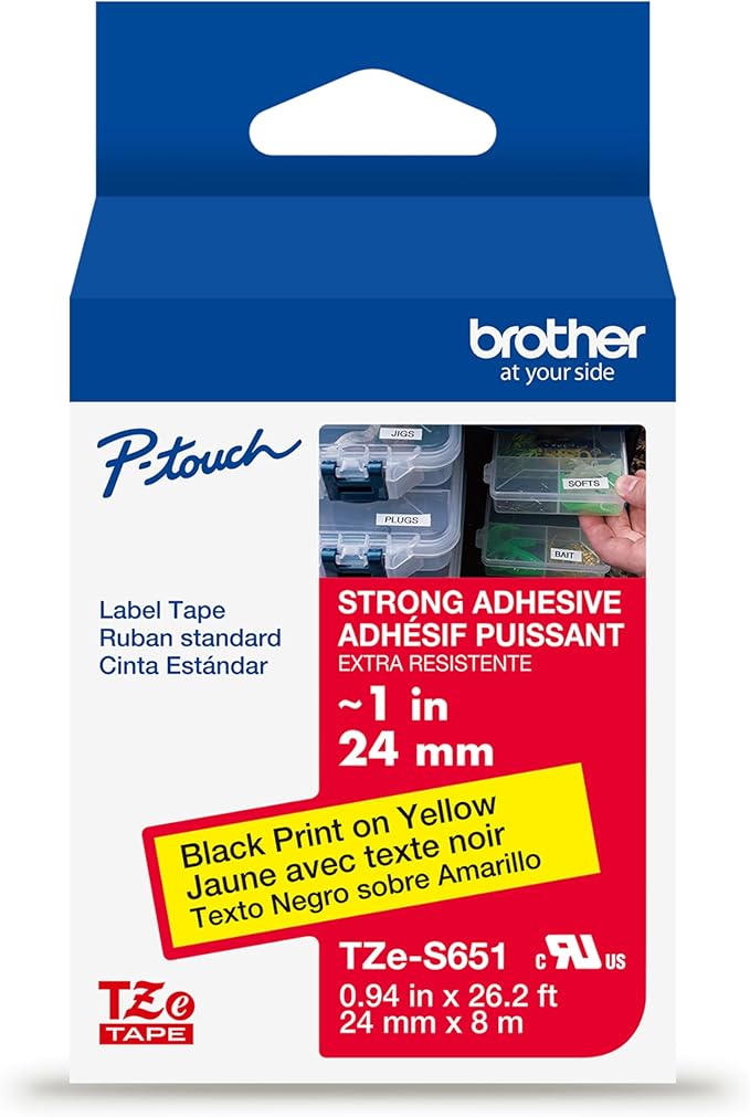 Brother Genuine P-Touch TZe Black Print on Yellow Label Tape (TZeS651), Strong Adhesive Laminated,1in x 26.2ft (24mm x 8m), for Select P-Touch Label Makers, Water-Resistant, Extra Strength