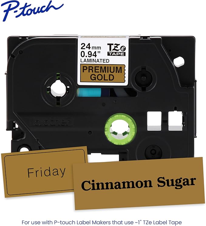 Brother Genuine P-Touch TZe, Black Print on Gold Label Tape (TZePR851), Premium Glitter Laminated,1in x 26.2ft (24mm x 8m) for Select P-Touch Label Makers, Powerful Lamination, for Crafting