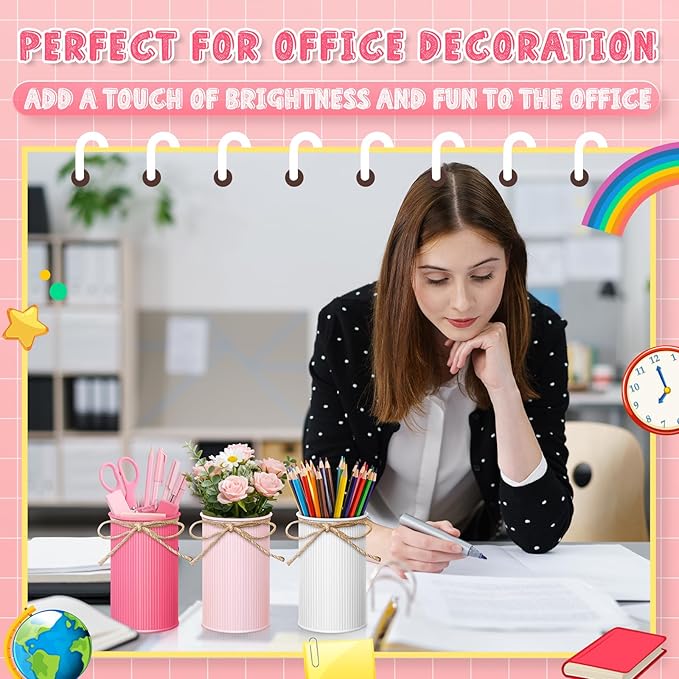 Domensi 6 Pcs Pink Pen Holder Cup for Desk Pencil Holder Marker Pen Metal Organizer Wedding Table Centerpiece Small Galvanized Metal Tin Vases for Artificial Flowers Office Stationery Storage