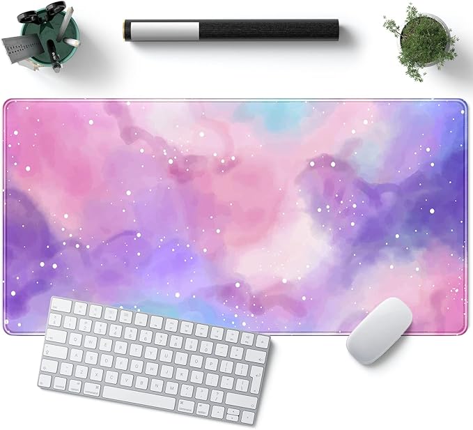 Desk Pad Purple Starry Sky Cute Gaming Mouse Pad Galaxy Gamer Girl Cute Pink Desk Decor Keyboard Desk Mat, Stitched Edges Desktop with Stitched Edges Non-Slip Large Computer Mat 31.5x15.7 in