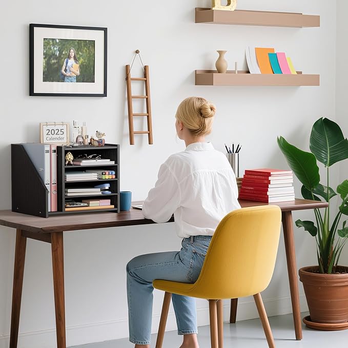 Wood Paper Tray Organizer for Desk - 5 Tier Desk Top File Storage Office Workspace Desktop Organization Stationary Small Wooden Shelf, Black