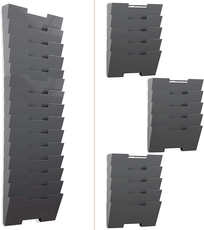 Wallniture Lisbon 15-Tier Wall Mounted File Holder and Desk Organizer, Metal Gray Office Organization and Storage Rack