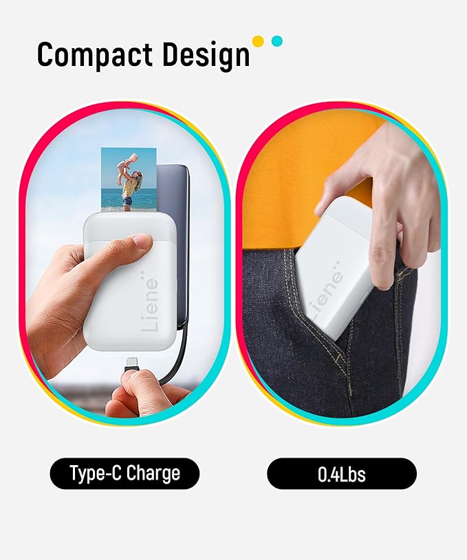 Liene 2x3” Photo Printer, Mini Instant Portable Color Mono Picture Printer Bundle 50 Zink Adhesive Paper, Bluetooth 5.0, Compatible w/iOS & Android, Small Phone Sticker for iPhone, Smartphone, White