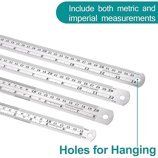 Metal Rulers, Steel Rulers Pack of 4, 6, 8, 12, 14-inch Stainless Steel Ruler