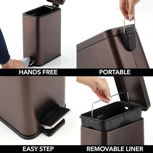 mDesign Pedal Bin — Waste Bin with Pedal, Lid and Plastic Bucket Insert for Bathroom, Kitchen, and Office — Metal Household Rubbish Bin with Ergonomic Design — Bronze