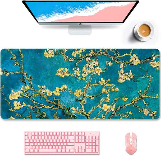 Auhoahsil Desk Pad, XXL Large Mouse Pad, Extended Gaming Mousepad, Cute Desk Mat for Women, Big Office Accessories Mouse Pad for Computer Keyboard and Laptop, 35.6" x 15.7", Teal Van Gogh Almond Tree