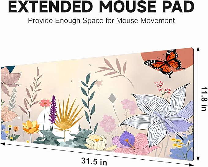 Large Gaming Mouse Pad (31.5"x11.8") - XXL PU Leather Waterproof Desk Mat with Non-Slip Rubber Base for Keyboard, PC & Office (Flower-Butterfly)