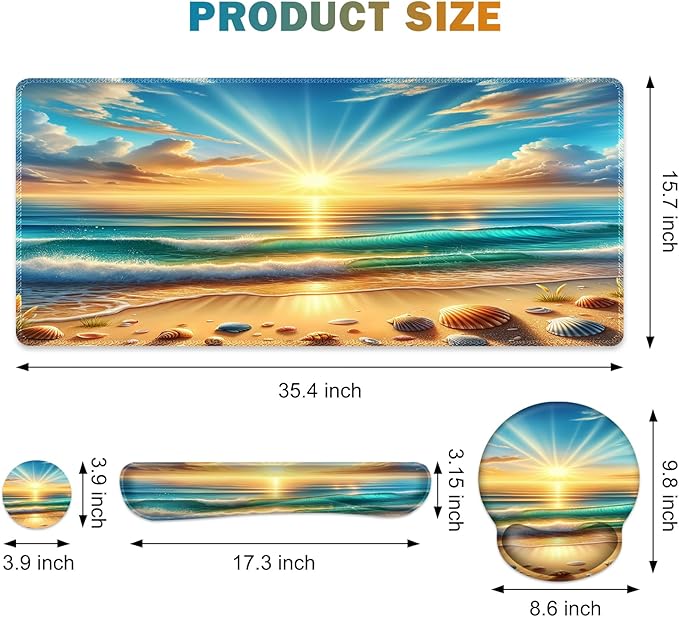 Gaming Mouse Pad, Large Desk Mat, Cute Desk Pad Protector, 4in1 XXL Mousepad + Keyboard Wrist Rest+Mouse Wrist Rest+Coaster Set with Ergonomic Desk Pad for Home Office Computer, Beach Sun Shell