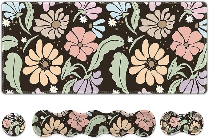 ARTSO Keyboard Wrist Rest Large Mouse Pad Wrist Support,Black Floral 4in1 Keyboard Pad Desk Mat,Ergonomic Memory Foam Wrist Support Cushion for Home Office