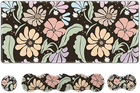ARTSO Keyboard Wrist Rest Large Mouse Pad Wrist Support,Black Floral 4in1 Keyboard Pad Desk Mat,Ergonomic Memory Foam Wrist Support Cushion for Home Office