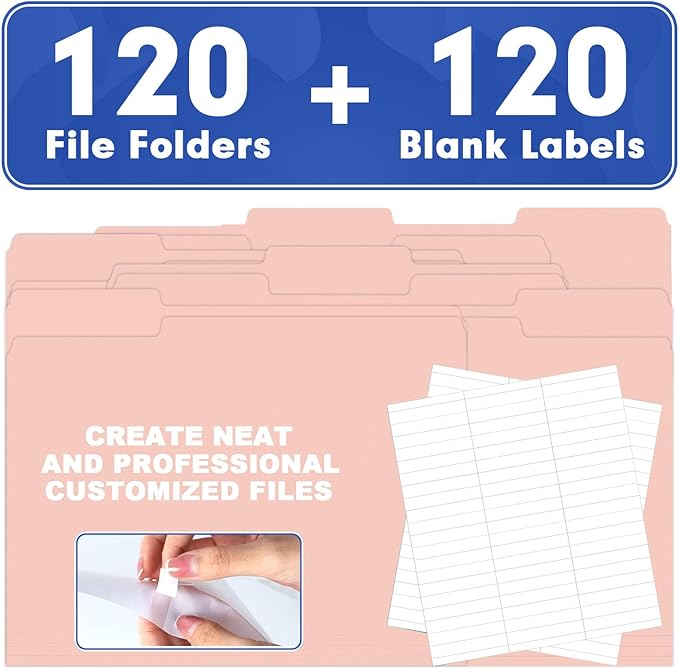 File Folder, HERKKA 120 Pack 1/3 Cut Tab File Folders, File Folders Great for Organizing and Filing, Letter Size, Pink