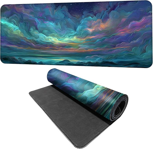 Starry Night Ocean Waves Mouse Pad – Large 31.5" x 11.8" Abstract Seascape Desk Mat with Vibrant Blue, Green & Purple Waves and Starry Sky, Non-Slip Rubber Base, Smooth Surface for Gaming & Office