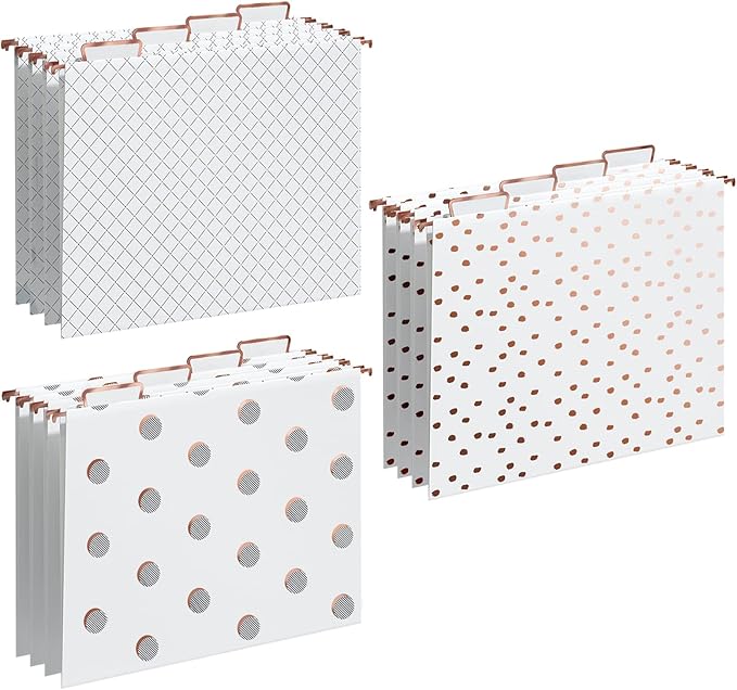 Y YOMA 12 Pack Rose Gold Hanging File Folders Letter Size Decorative File Folder Cute Pretty Hanging Folder Organizer for Filing Cabinet Office Home with 1/5-Cut Adjustable Tabs, 3 Gold Foil Design