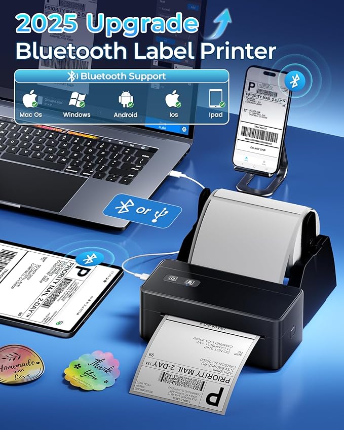 Bluetooth Thermal Label Printer with Label Holder, 4x6 Shipping Label Printer for Small Business, Compatible with iOS Android Phone&Pad&PC, Widely Used for Ebay, USPS, FedEx, Tiktok