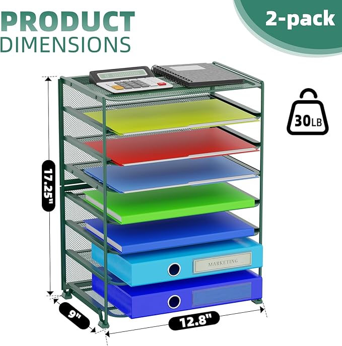 Simple Trending 2 Pack 8 Tier Letter Tray Paper - Mesh Desk File Organizer for Office School Desktop, Green