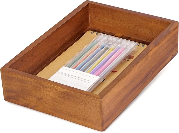Demigo Acacia Wood Desk Organizer Tray - 9.5x6.7x2 Inch Letter & Stationery Holder for Office, Entryway, Desktop - Natural Wood Catchall for Pens, Mail, Keys