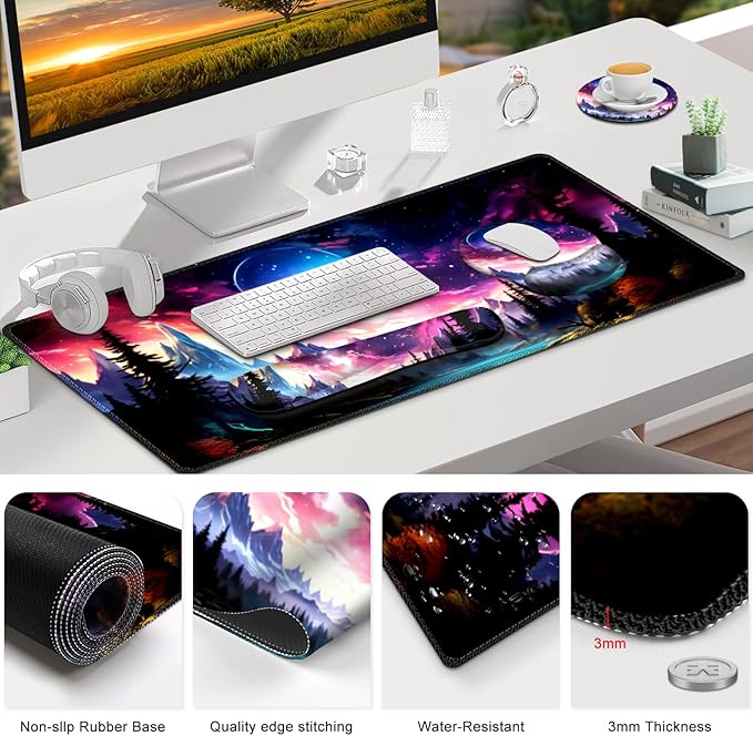 Gaming Mouse Pad, Large Desk Mat, Cute Desk Pad Protector, 4in1 XXL Mousepad + Keyboard Wrist Rest+Mouse Wrist Rest+Coaster Set with Ergonomic Desk Pad for Home Office Table Computer, Purple Hill