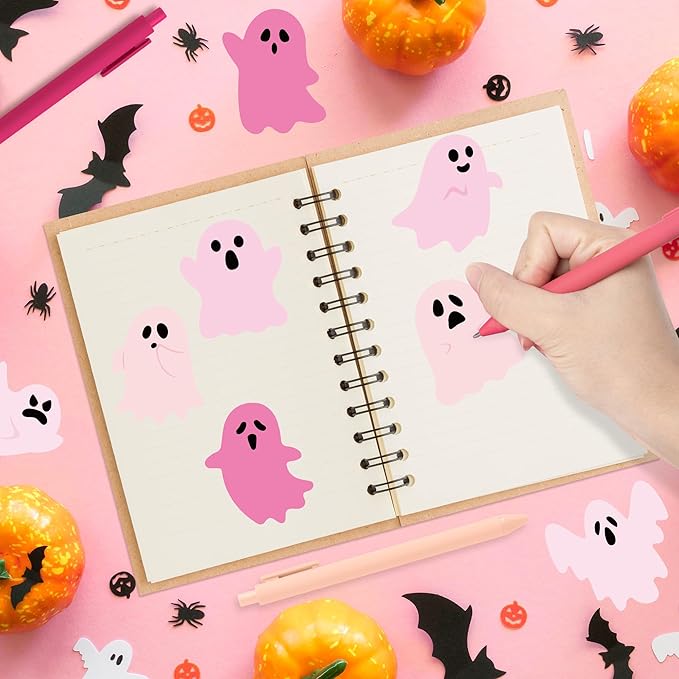 72pcs Halloween Pink Ghost Sticky Notes & Pens & Ribbons Set, Pink Little Boo Pastel Notepads Gift, Self-Stick Memo Pad for Office Classroom Halloween Back to School Party Favor Supplies