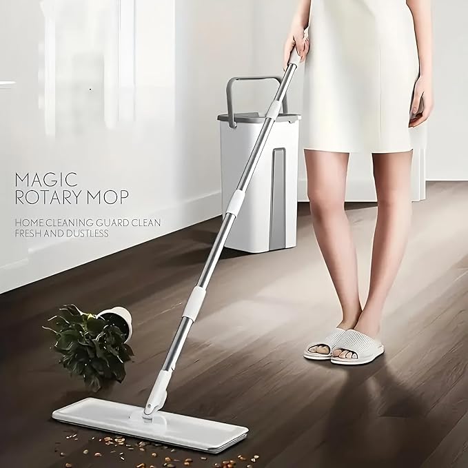 Mop and Bucket with Wringer Set, Hands Free Flat Mops for Floor Cleaning, Wet and Dry Use, Wall Mop Cleaner with 3 Washable Microfiber Pads for Bathrooms, Bedrooms, Living Rooms, Kitchens